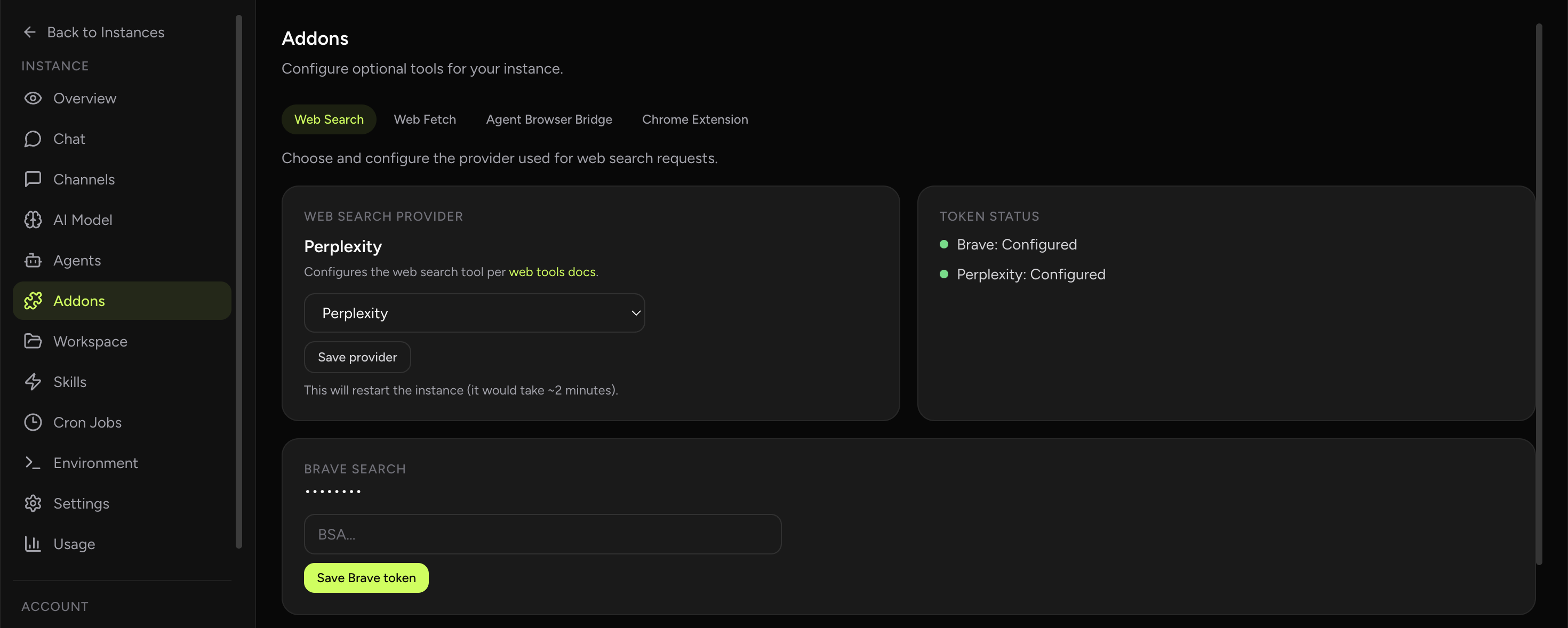 OpenClaw Addons tab showing Chrome extension relay (dark theme)