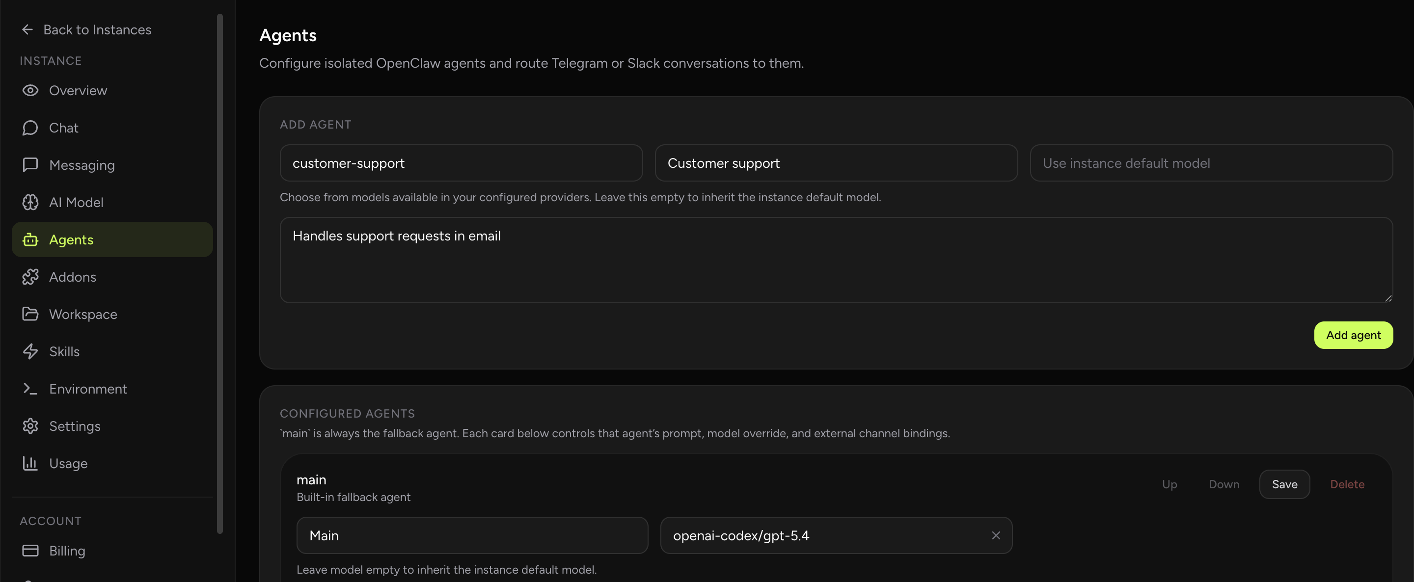 OpenClaw Agents screenshot from OpenClaw Setup dashboard (dark theme)