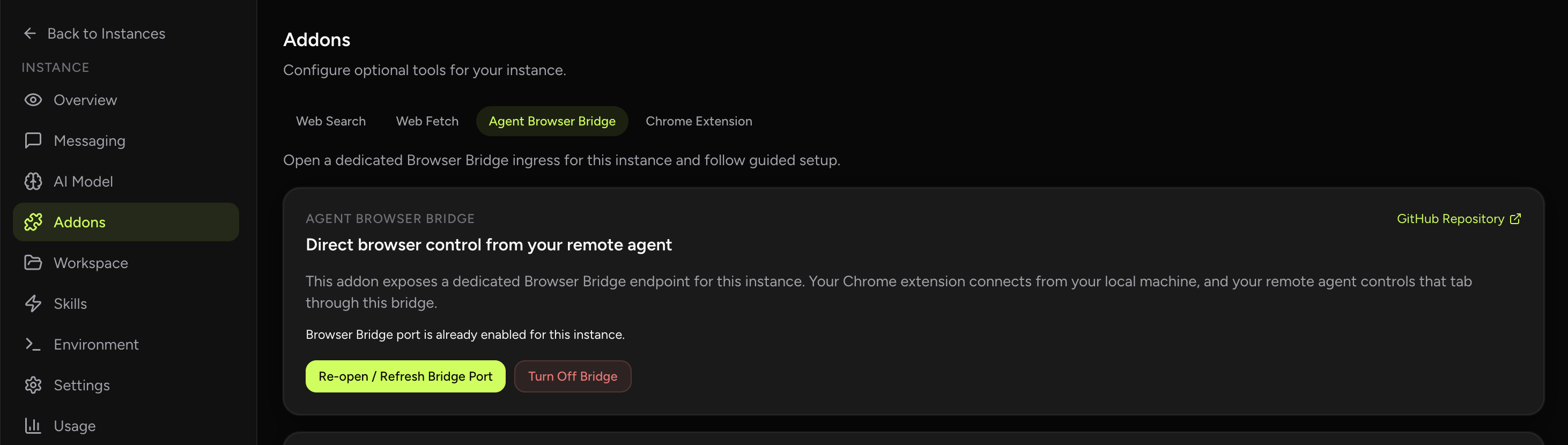Browser Agent Bridge addon in OpenClaw Setup (dark theme)
