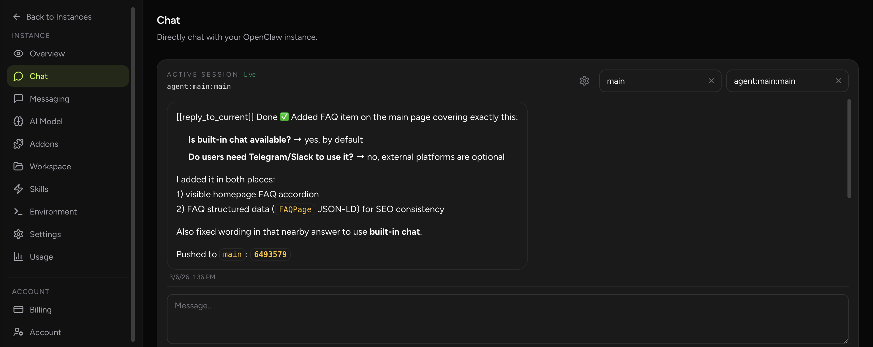 Built-In Chat in OpenClaw Setup where users can talk to a selected agent directly (dark theme)