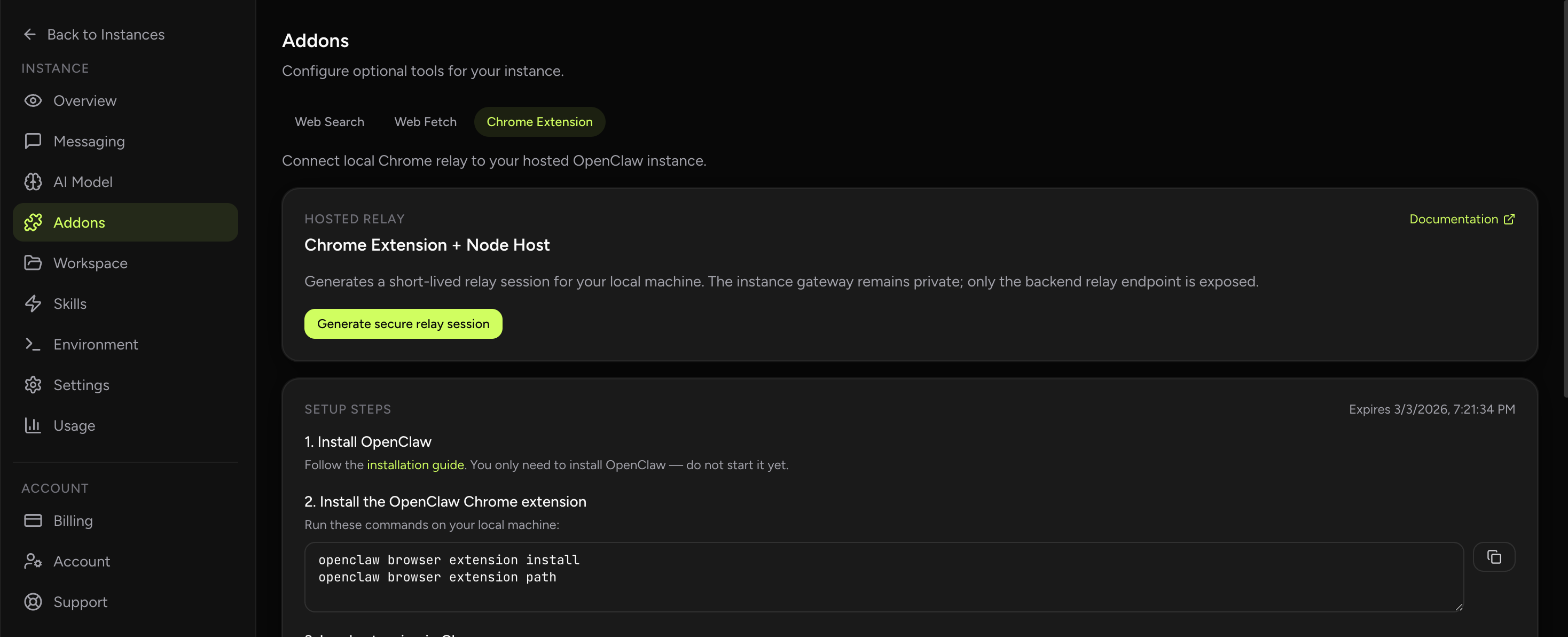 Chrome Extension Relay screenshot from OpenClaw Setup dashboard (dark theme)