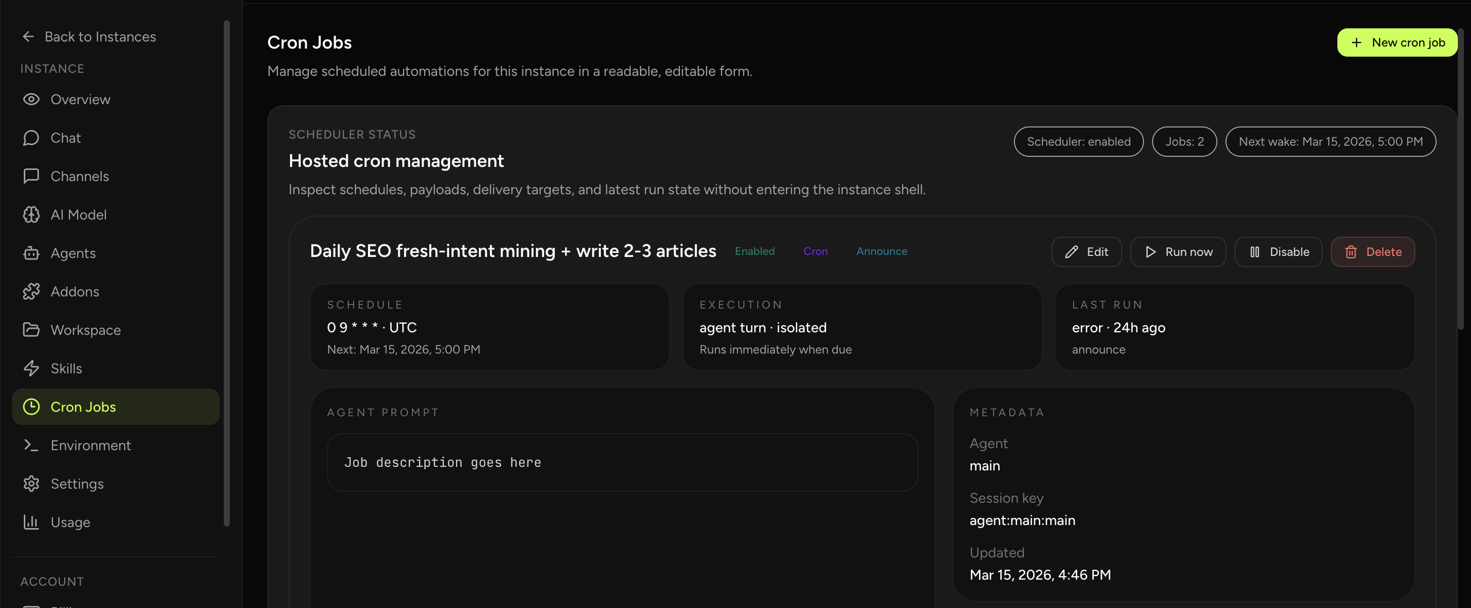 OpenClaw Automation and Cron Jobs screenshot from OpenClaw Setup dashboard (dark theme)