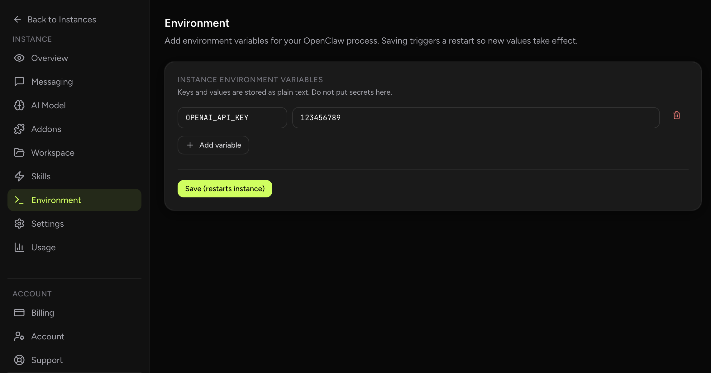 Environment Management screenshot from OpenClaw Setup dashboard (dark theme)