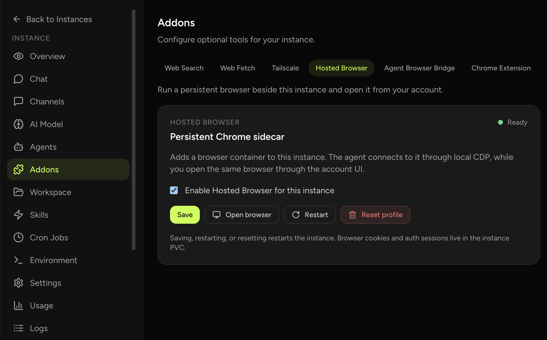 Hosted Browser running inside OpenClaw Setup dashboard (dark theme)