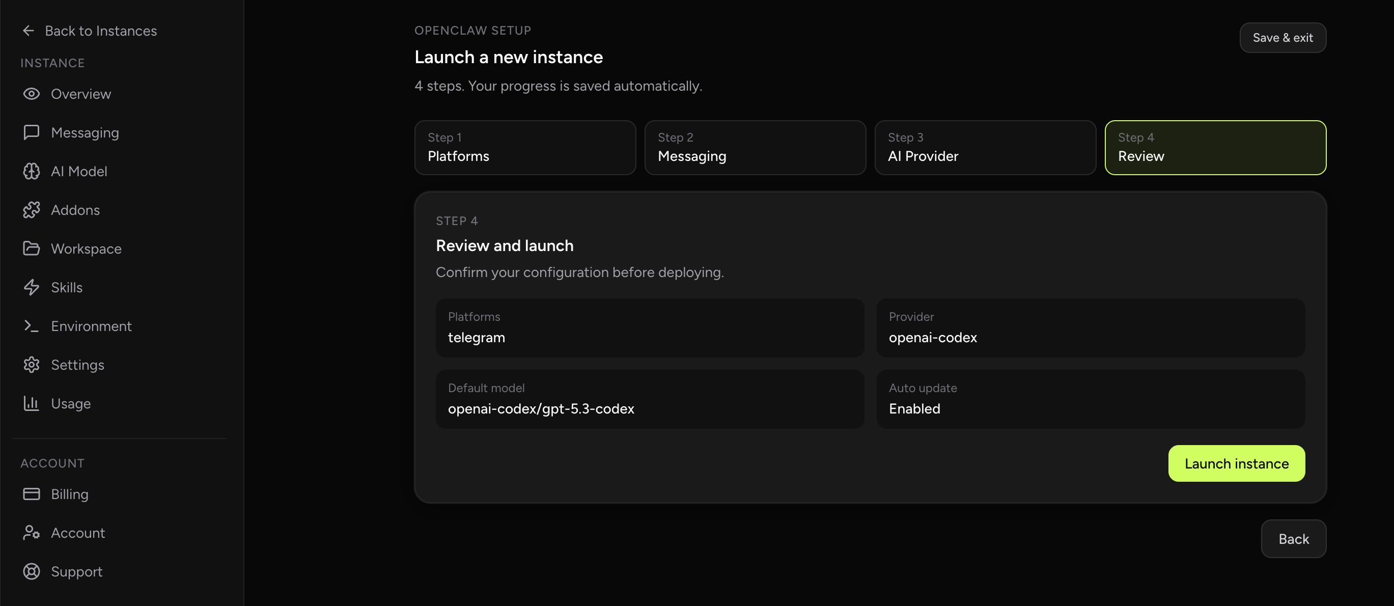 OpenClaw import completed screen in OpenClaw Setup dashboard (dark theme)