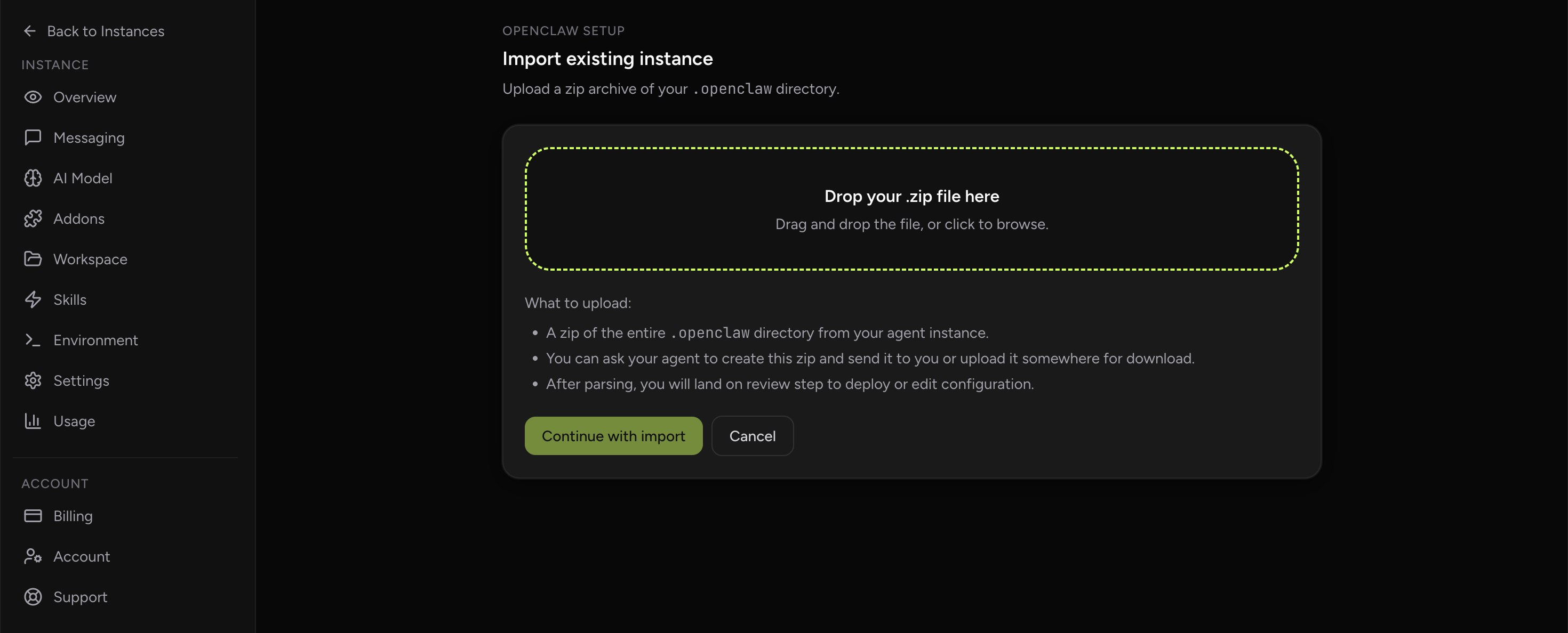 OpenClaw import first screen in OpenClaw Setup dashboard (dark theme)
