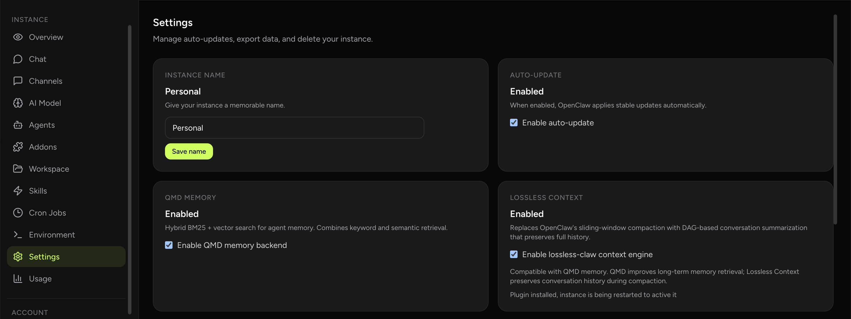 Lossless Context toggle in OpenClaw Setup instance settings (dark theme)