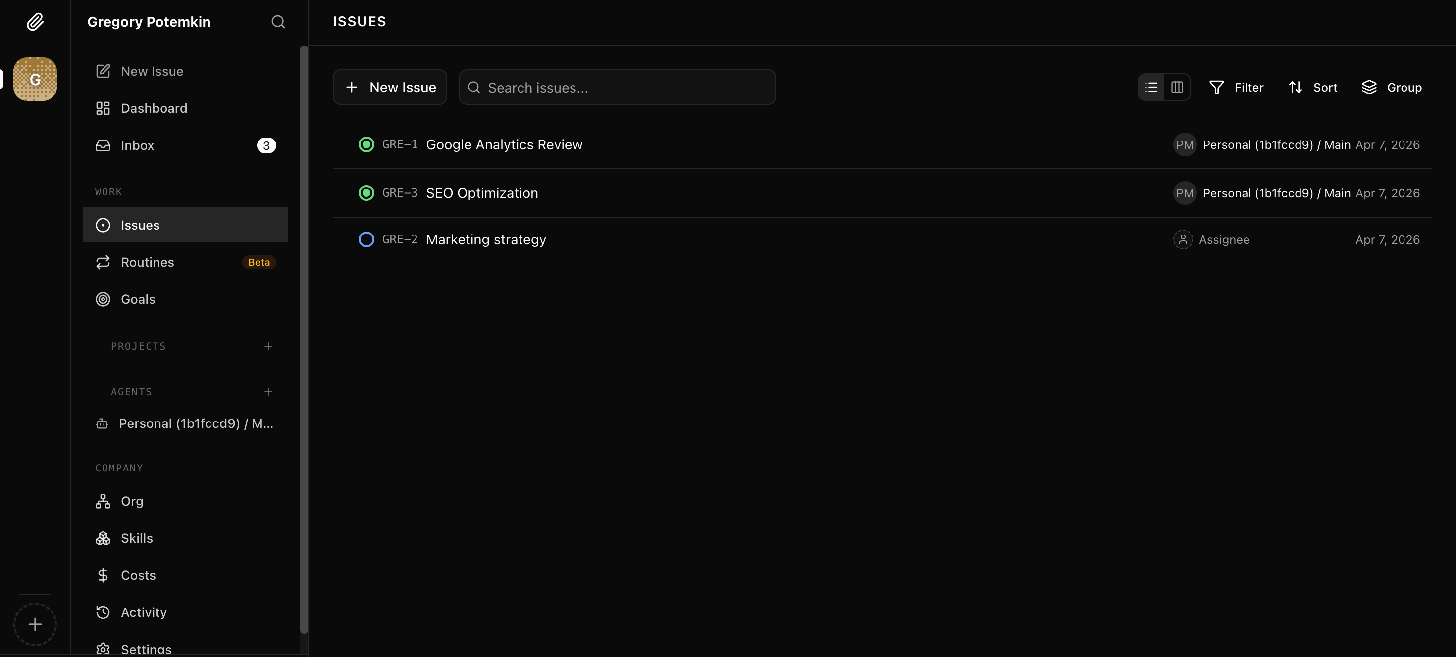 Paperclip workspace management in OpenClaw Setup dashboard (dark theme)