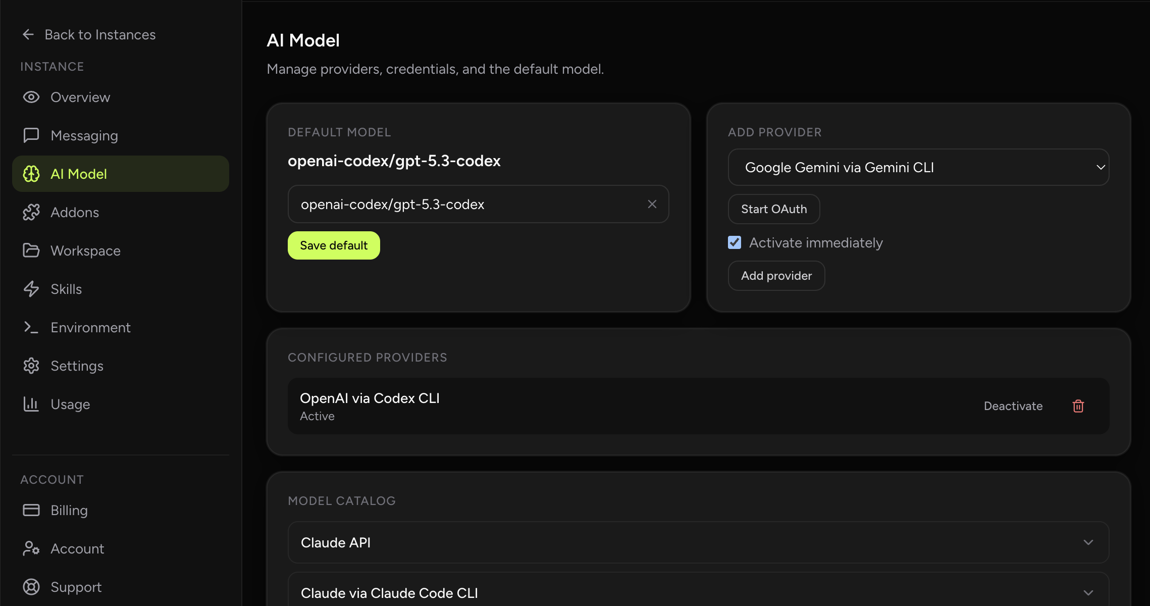 Provider authentication setup in OpenClaw dashboard (dark theme)