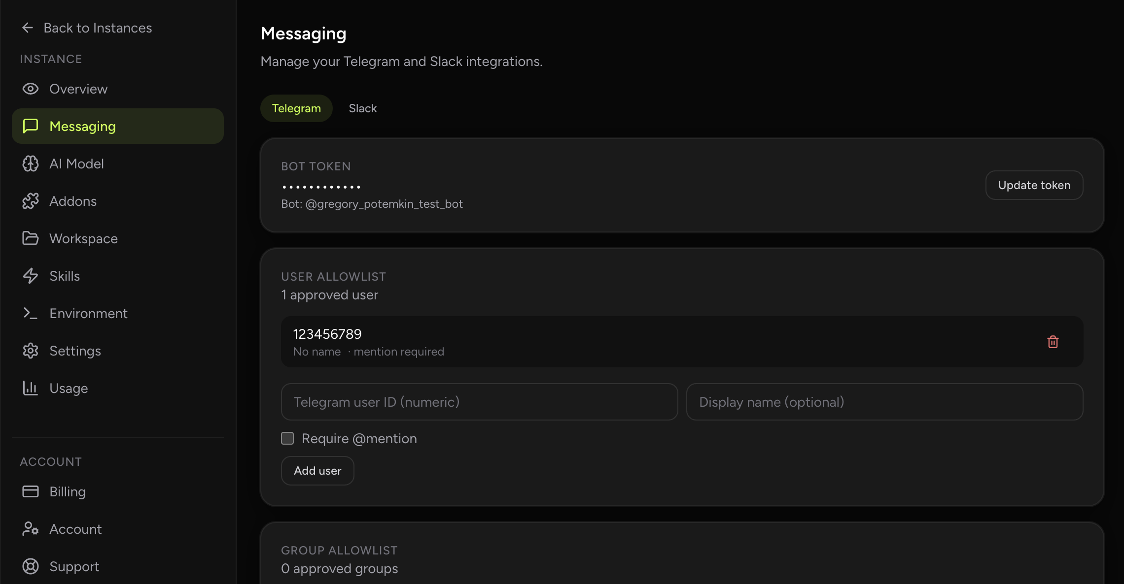 Security allowlist controls in OpenClaw dashboard (dark theme)