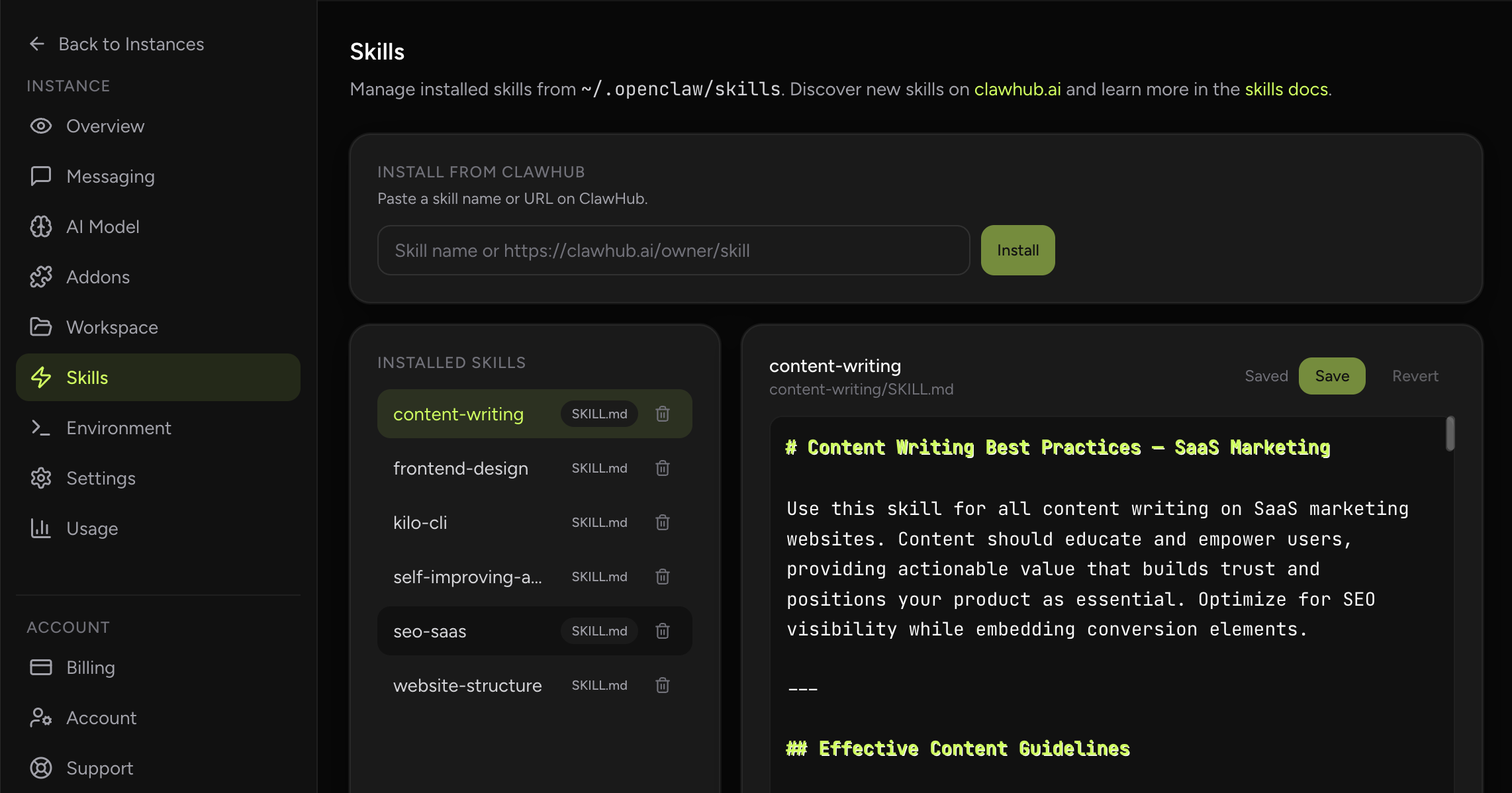 Skills Management screenshot from OpenClaw Setup dashboard (dark theme)