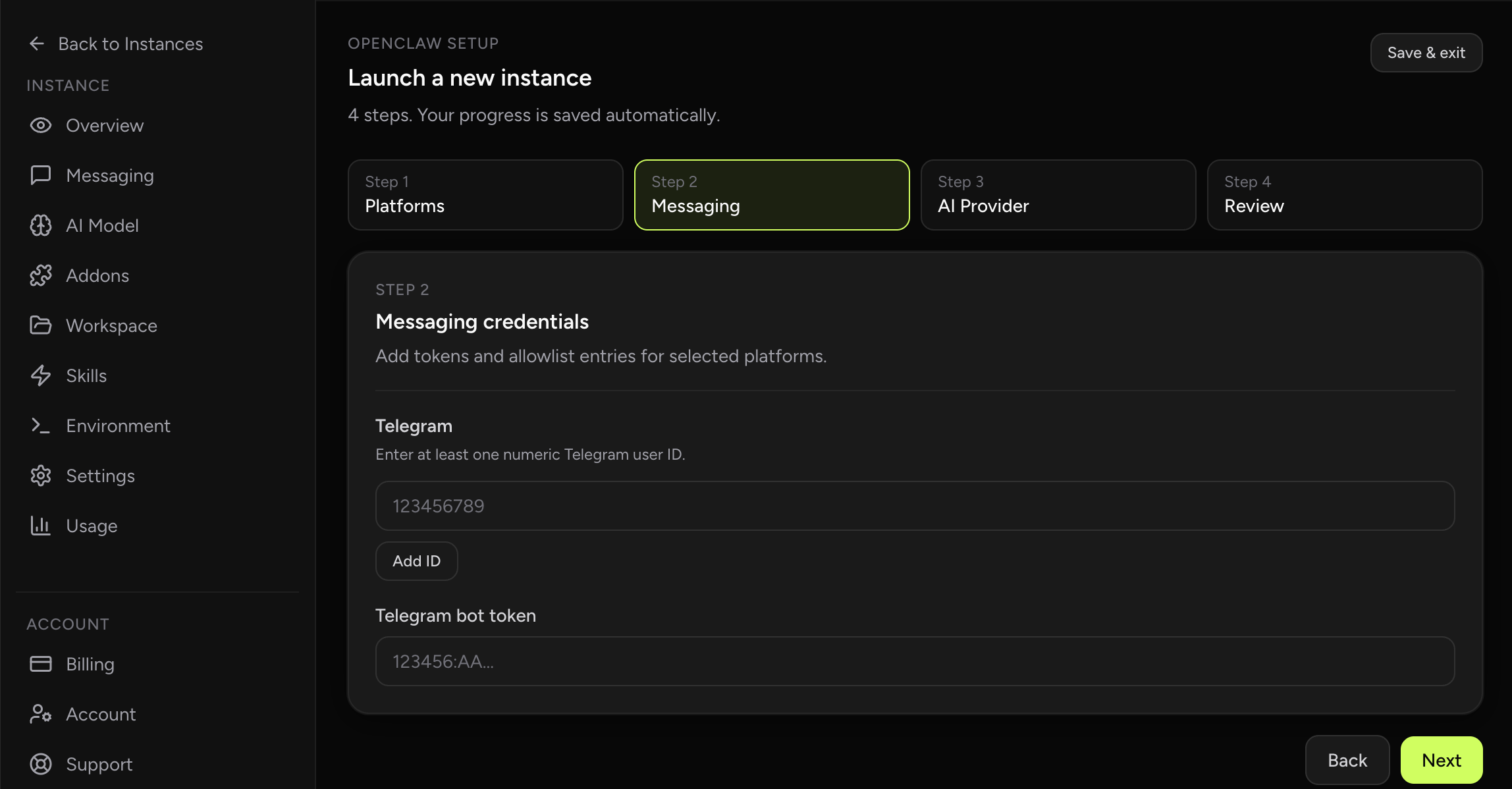 OpenClaw Setup dashboard Telegram integration and group controls in Platforms tab (dark theme)