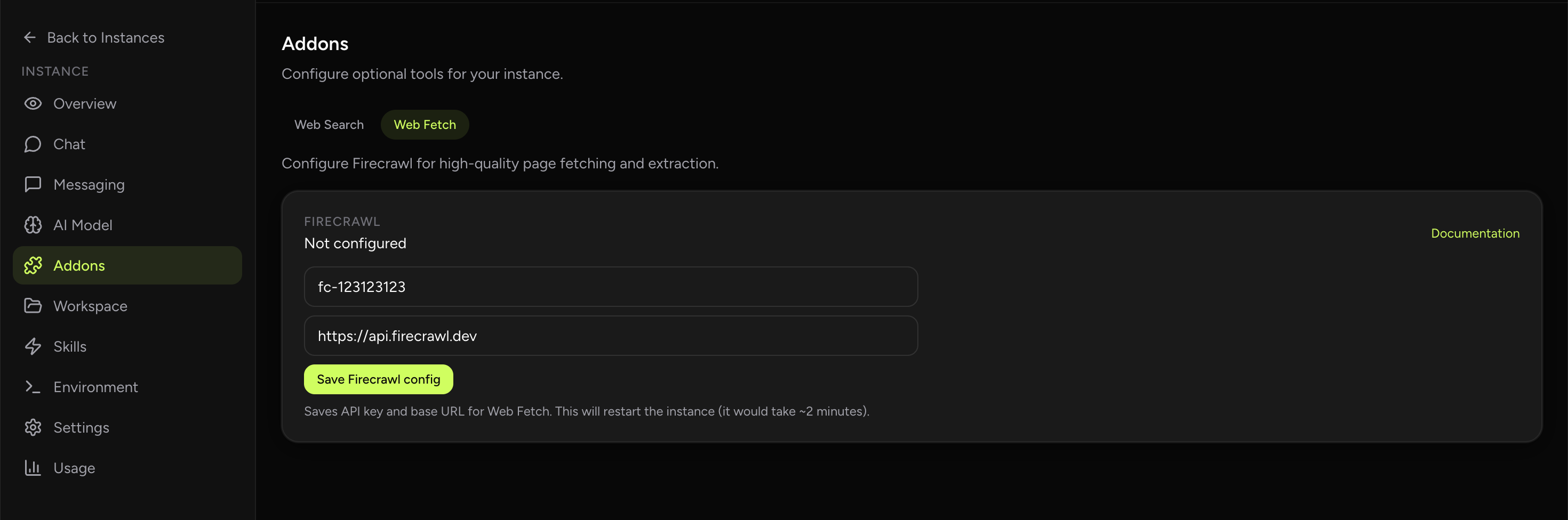 OpenClaw Setup web fetch addon tab (dark theme)