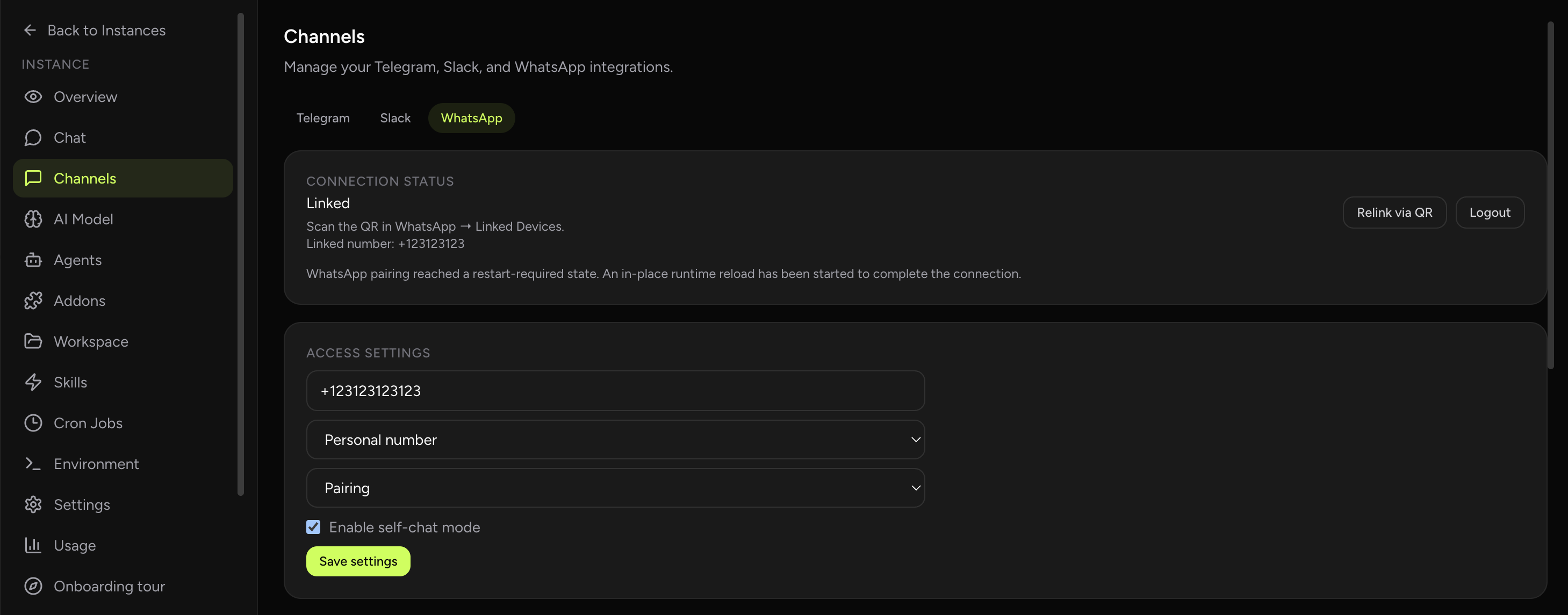 OpenClaw Setup WhatsApp tab in the dashboard showing QR login and access settings in dark theme