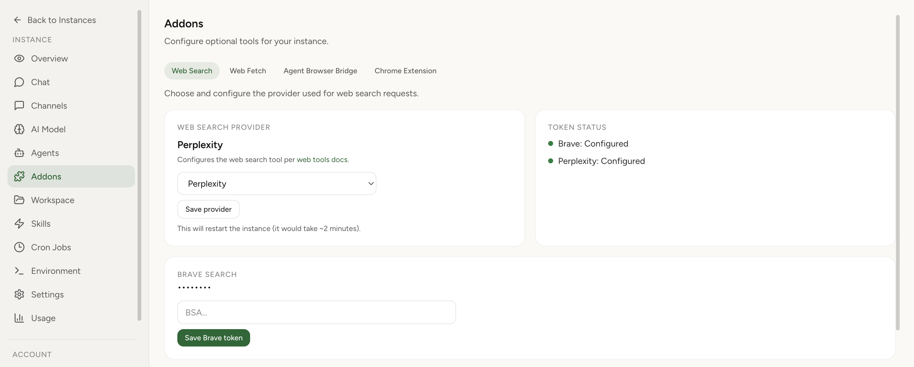 OpenClaw Addons tab showing Chrome extension relay (light theme)