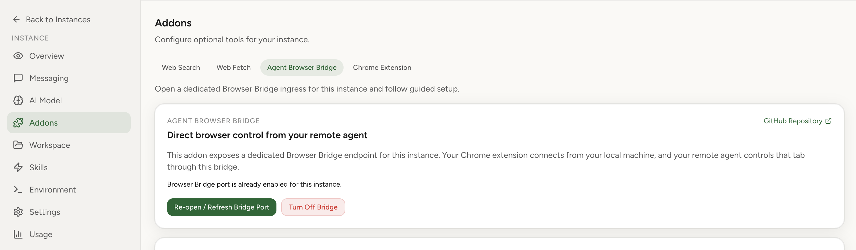Browser Agent Bridge addon in OpenClaw Setup (light theme)
