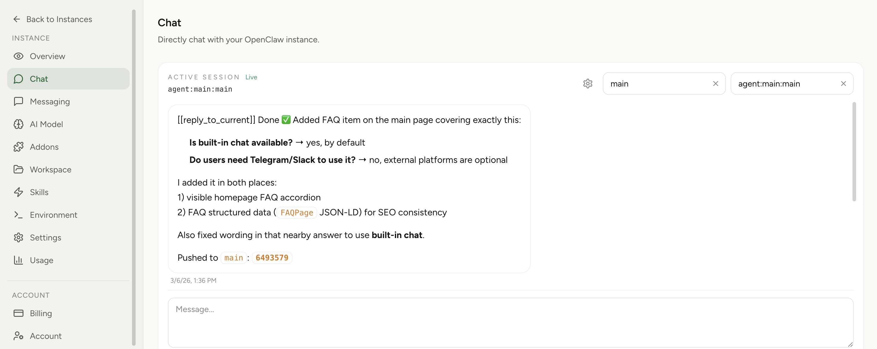 Built-In Chat in OpenClaw Setup where users can talk to a selected agent directly (light theme)