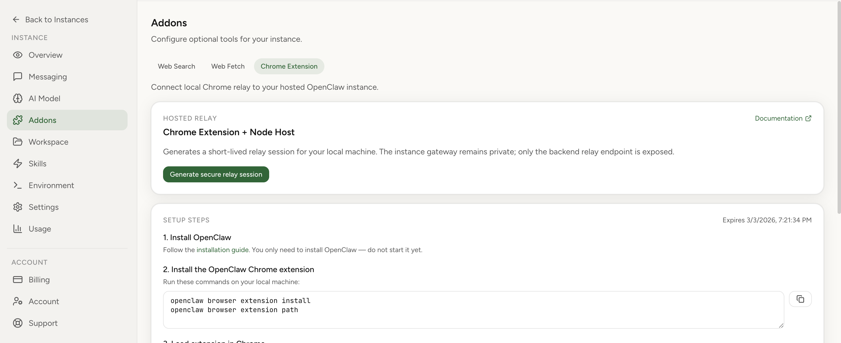 Chrome Extension Relay screenshot from OpenClaw Setup dashboard (light theme)