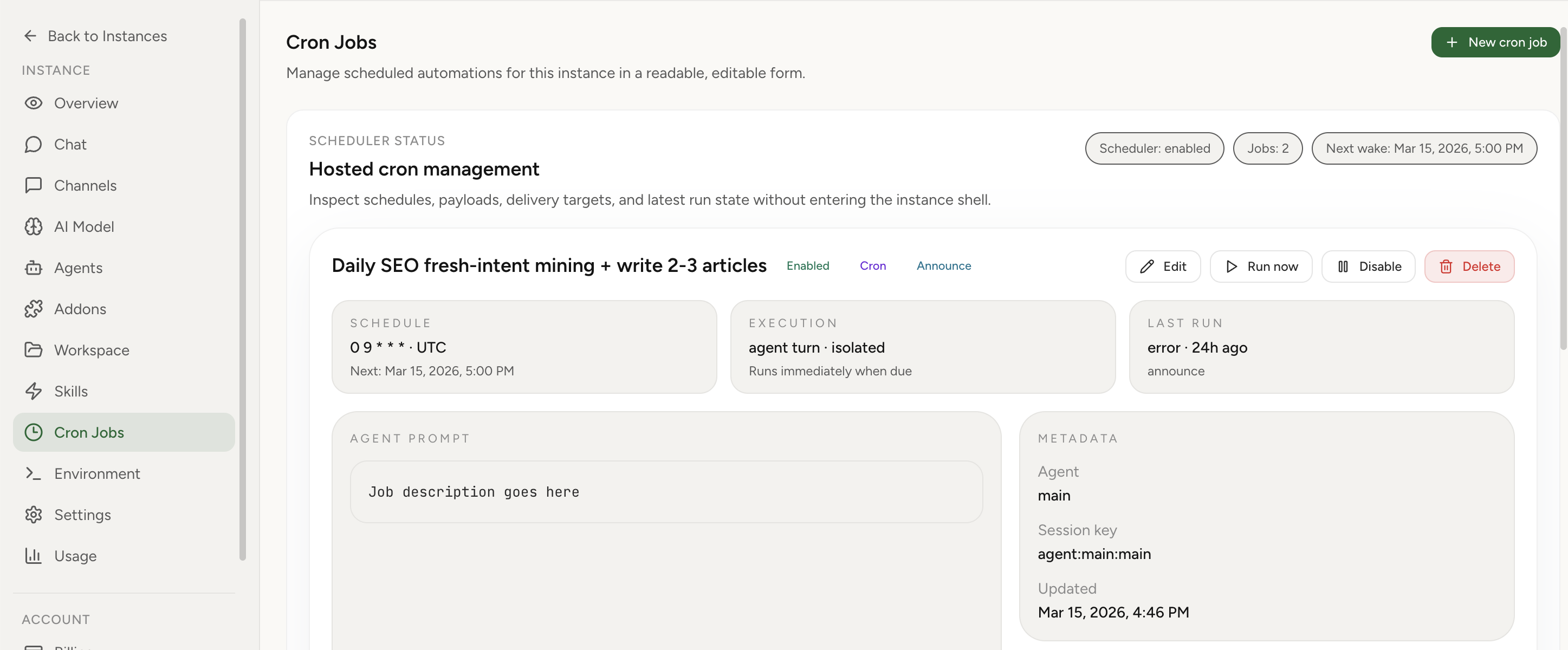 OpenClaw Automation and Cron Jobs screenshot from OpenClaw Setup dashboard (light theme)
