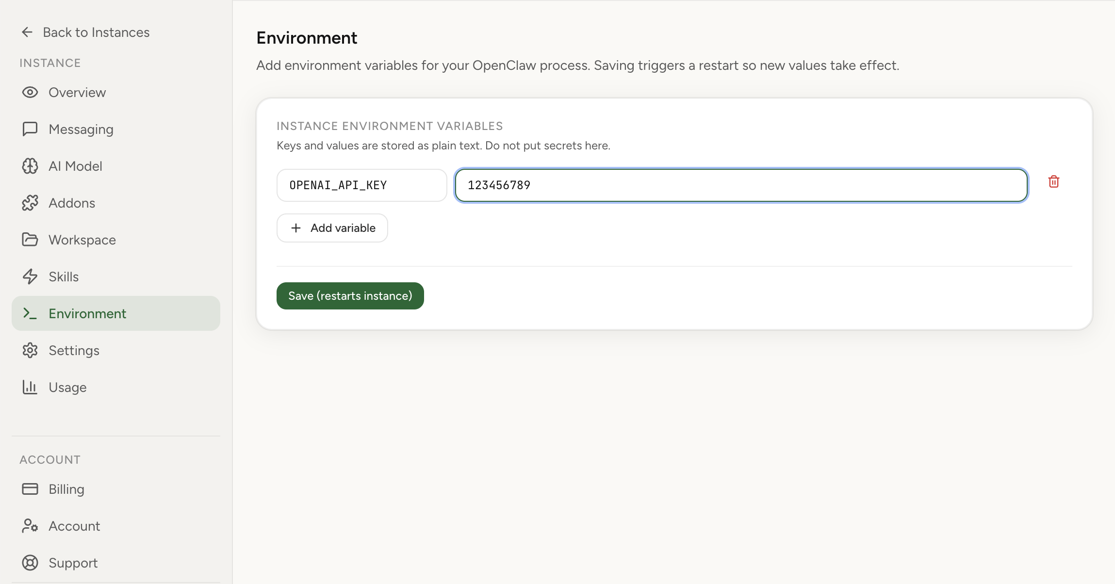 Environment Management screenshot from OpenClaw Setup dashboard (light theme)