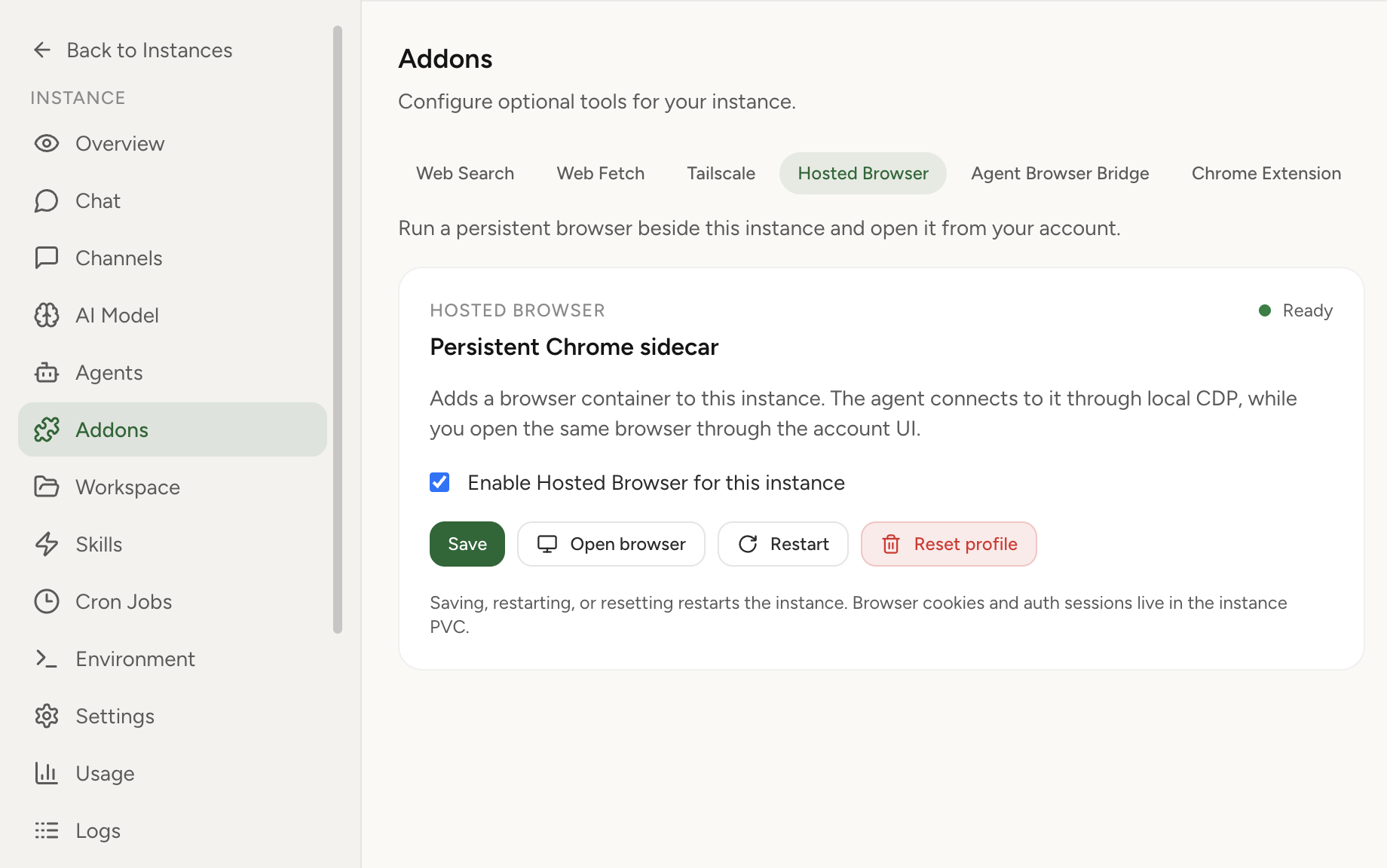 Hosted Browser running inside OpenClaw Setup dashboard (light theme)