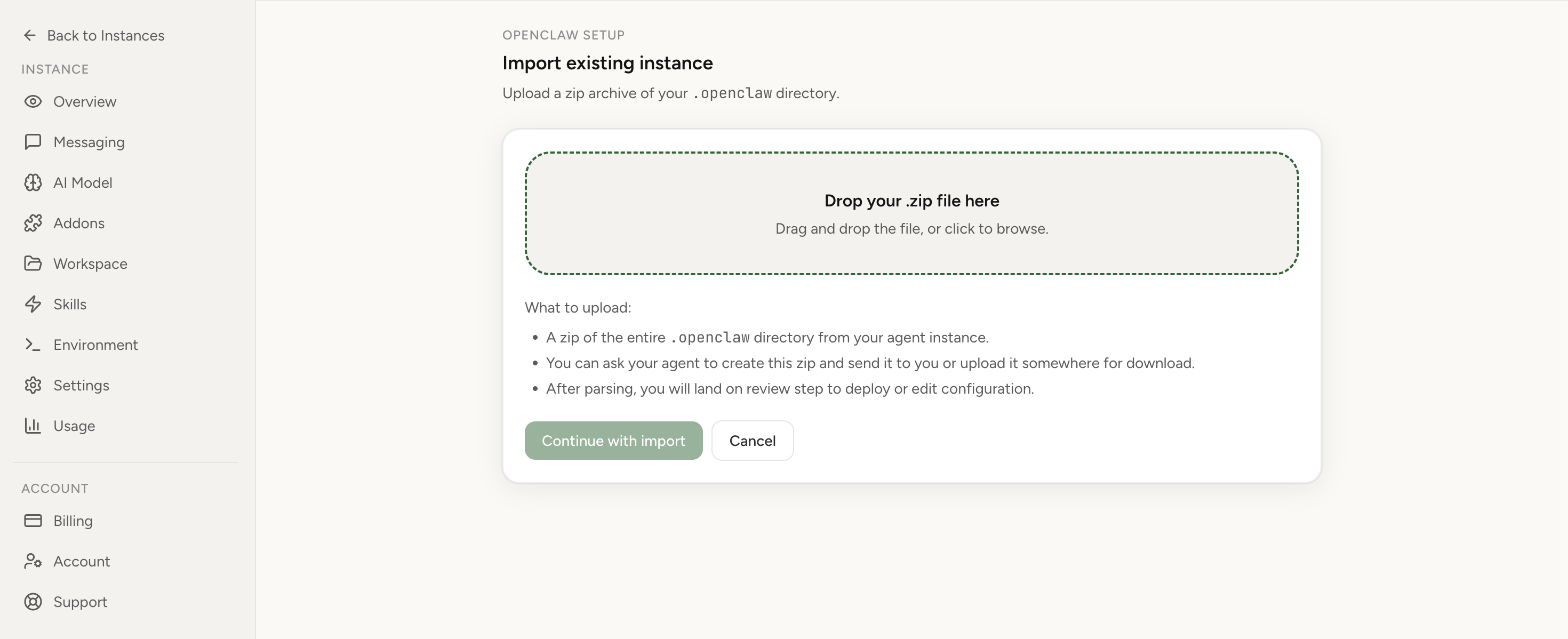 OpenClaw import first screen in OpenClaw Setup dashboard (light theme)
