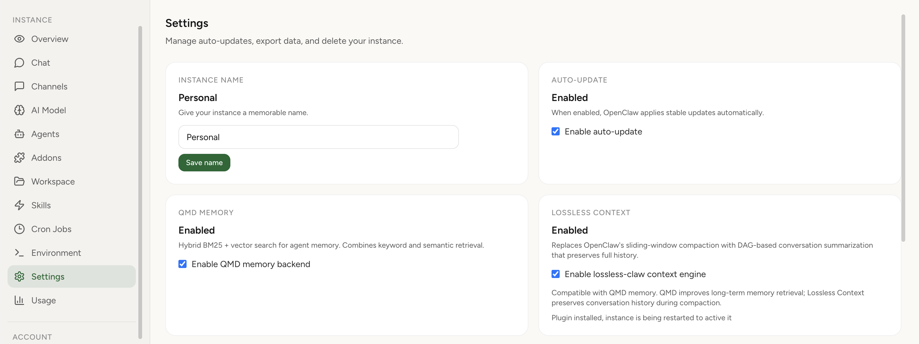 Lossless Context toggle in OpenClaw Setup instance settings (light theme)