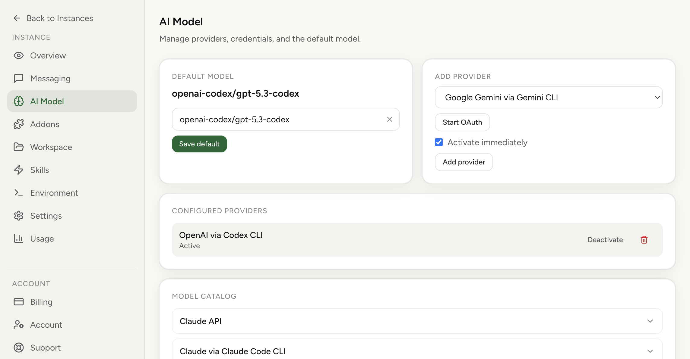 Provider authentication setup in OpenClaw dashboard (light theme)