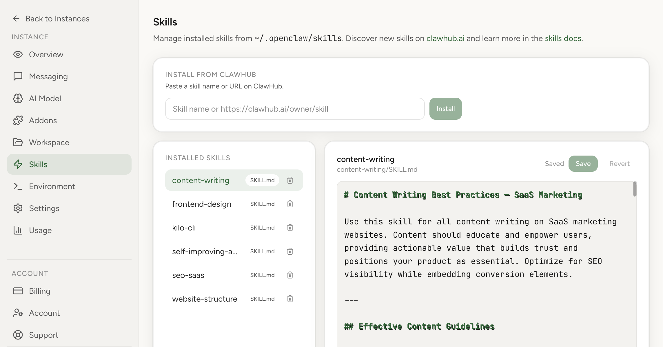 Skills Management screenshot from OpenClaw Setup dashboard (light theme)