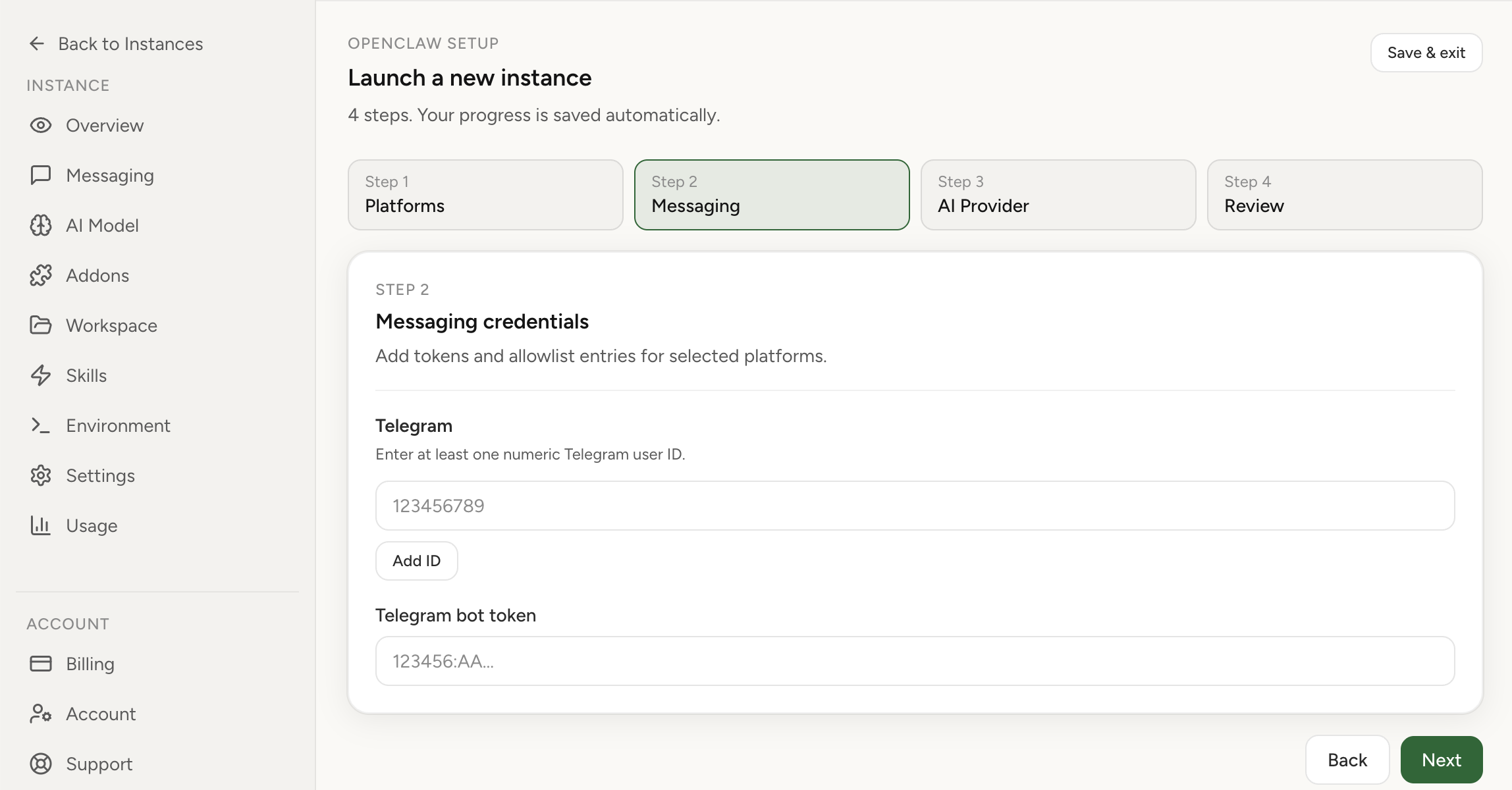 OpenClaw Setup dashboard Telegram integration and group controls in Platforms tab (light theme)