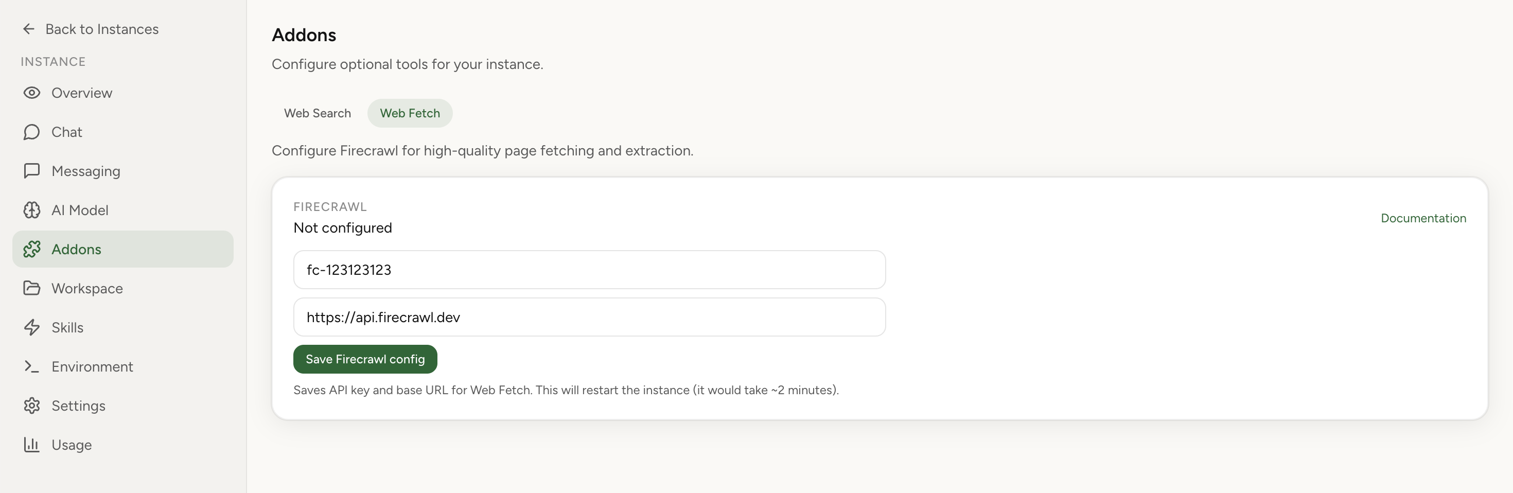OpenClaw Setup Addons page showing the Web Fetch tab with Firecrawl API key and base URL fields