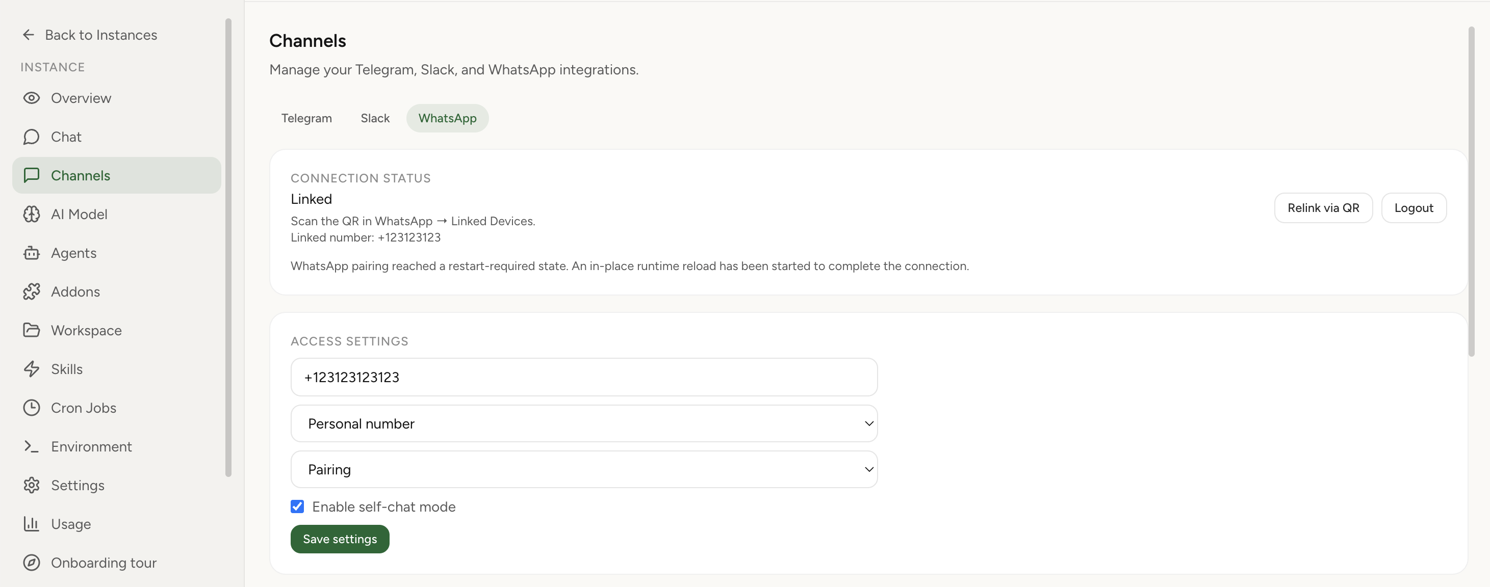 OpenClaw Setup WhatsApp tab in the dashboard showing QR login and access settings in light theme