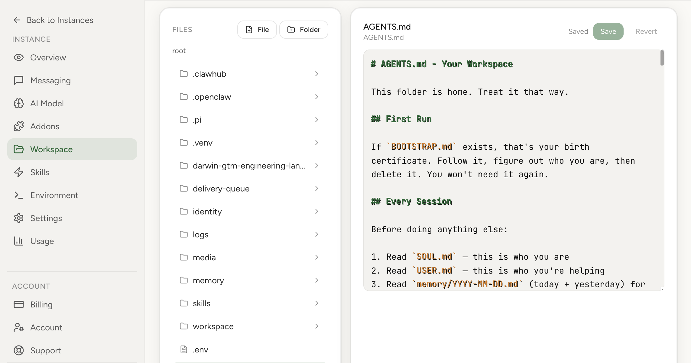 Workspace Management screenshot from OpenClaw Setup dashboard (light theme)
